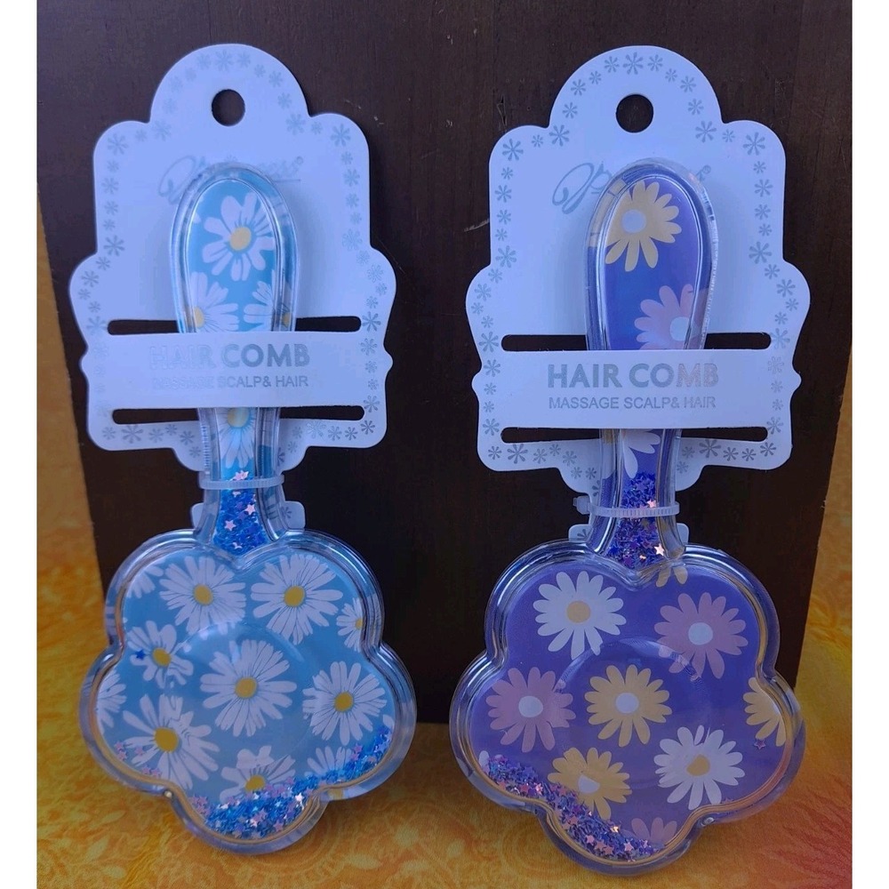 Glitter Flower Shaped Hair Brush Massage Scapls & Hair Set Of 2 Purple And Blue